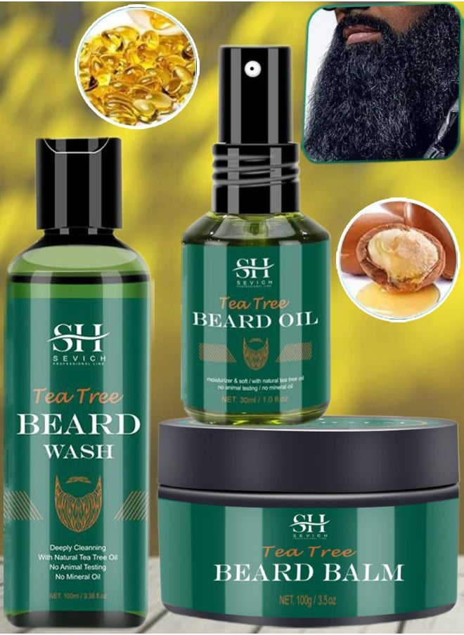 Sevich Tea Tree Beard Growth Pack Tea Tree Beard Growth Oil Beard Wash and Beard Balm for Daily Beard and Moustache Care Beard Growth Deep Cleaning and Beard Styling Combo Pack Beard Kit  - Image 1