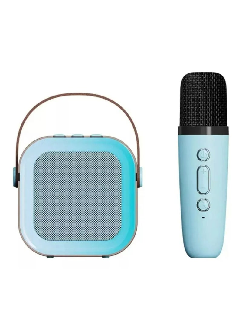 Mini Portable Audio integrated Microphone Home singing Karaoke Family Wireless BT Outdoor Portable Speaker with Two Mics Blue  - Image 2