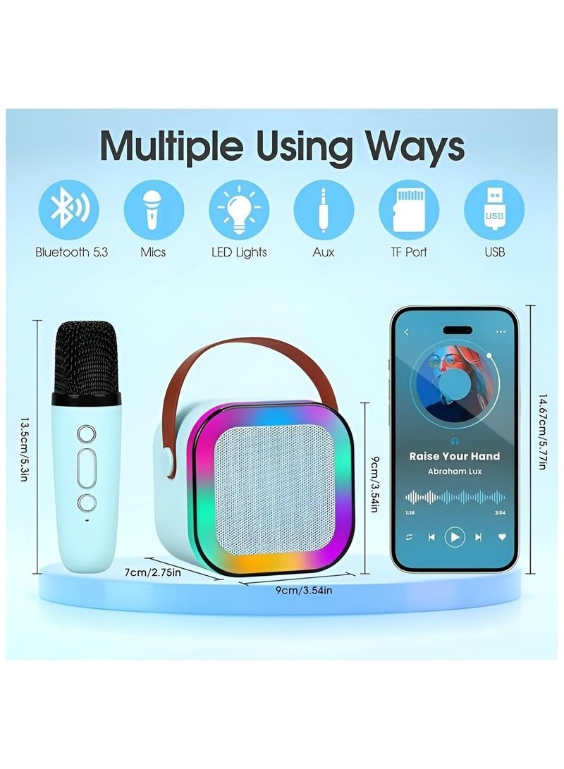 Mini Portable Audio integrated Microphone Home singing Karaoke Family Wireless BT Outdoor Portable Speaker with Two Mics Blue  - Image 3