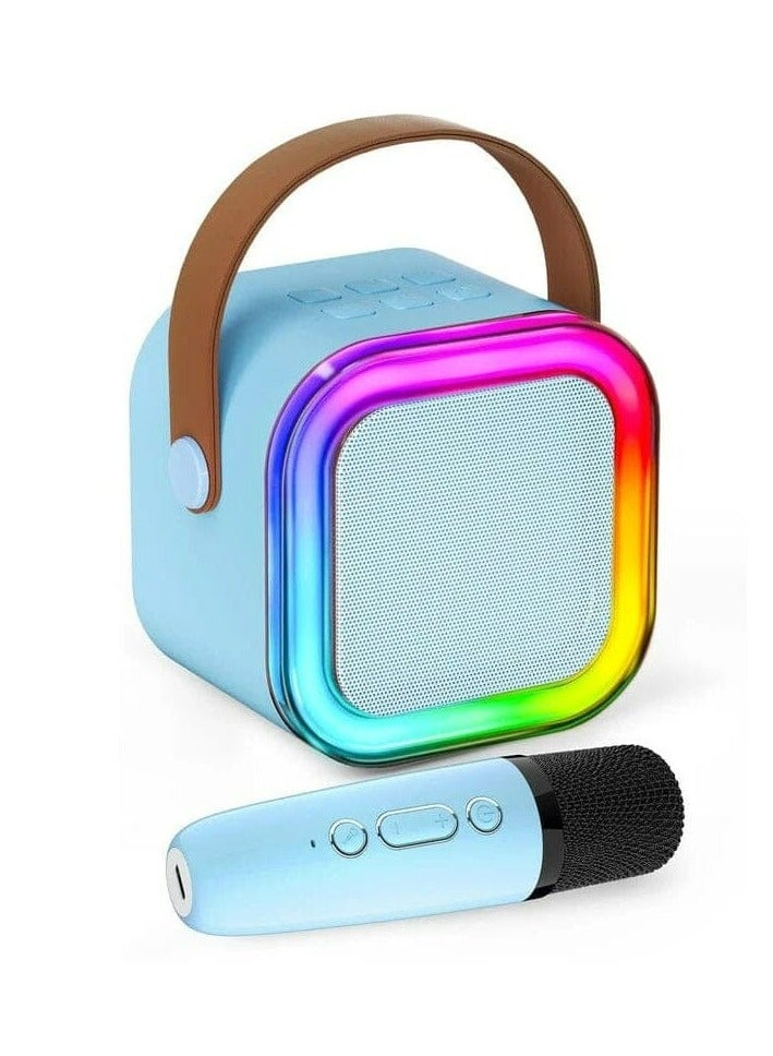 Mini Portable Audio integrated Microphone Home singing Karaoke Family Wireless BT Outdoor Portable Speaker with Two Mics Blue  - Image 4