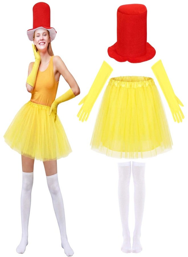 Maiteenly 4 Pcs Funny Storybook Character Costume Set Included Red Top Hat Yellow Tutu Skirt Gloves White Stockings Book Character Costumes for World Book Day Read Across Week Reading Activities - Image 1