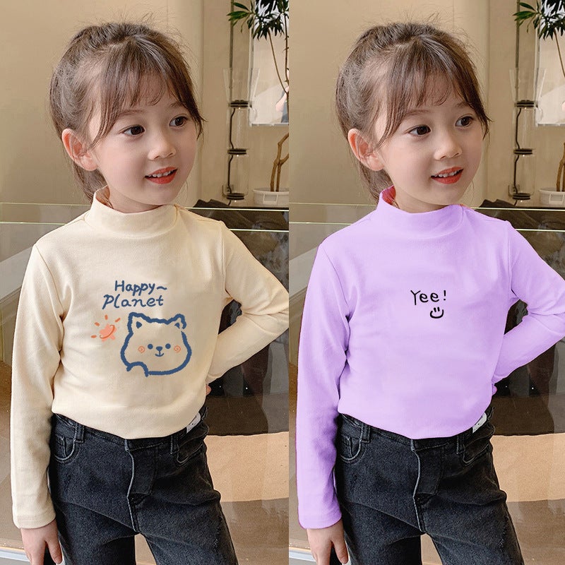 Children'S Semi-High Collar Base Shirt Fleece-Lined Warm Long-Sleeved T-Shirt Men'S And Women'S Big Children'S Fleece Autumn Clothes Inner Top - Image 4