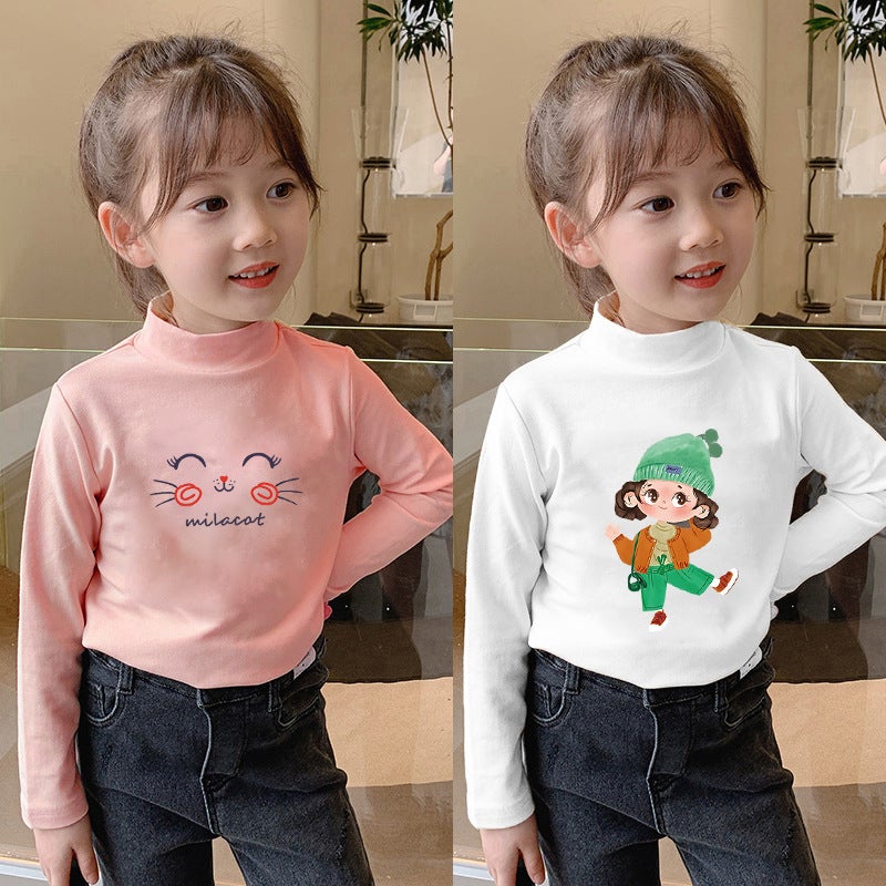Children'S Semi-High Collar Base Shirt Fleece-Lined Warm Long-Sleeved T-Shirt Men'S And Women'S Big Children'S Fleece Autumn Clothes Inner Top - Image 2