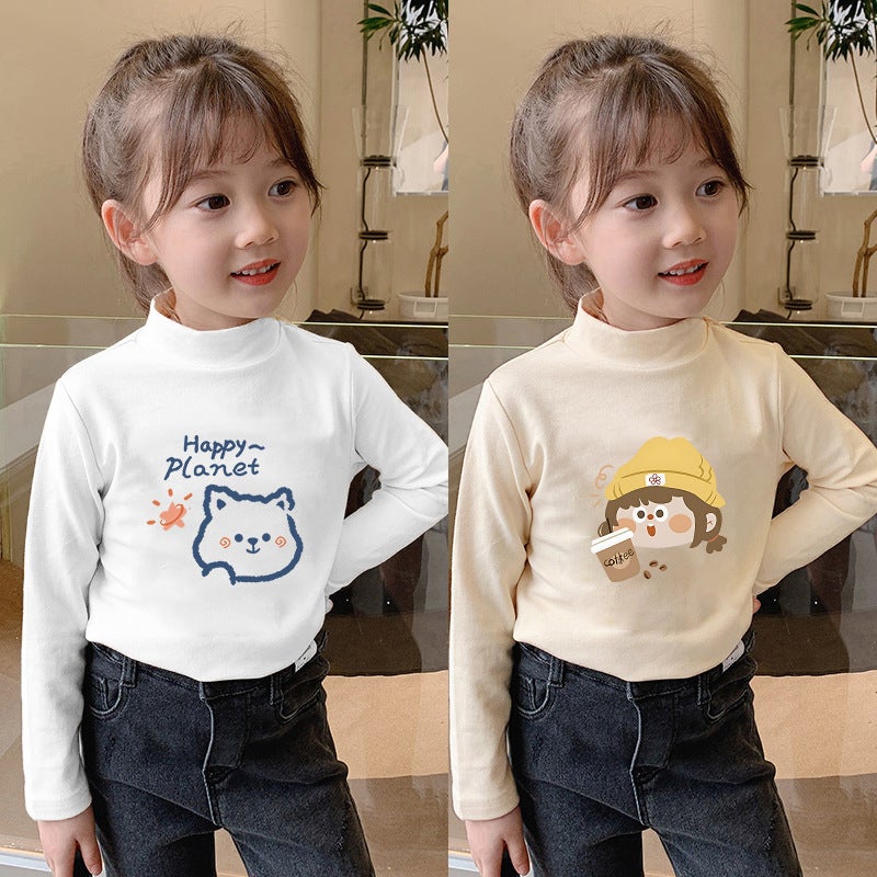 Children'S Semi-High Collar Base Shirt Fleece-Lined Warm Long-Sleeved T-Shirt Men'S And Women'S Big Children'S Fleece Autumn Clothes Inner Top - Image 3