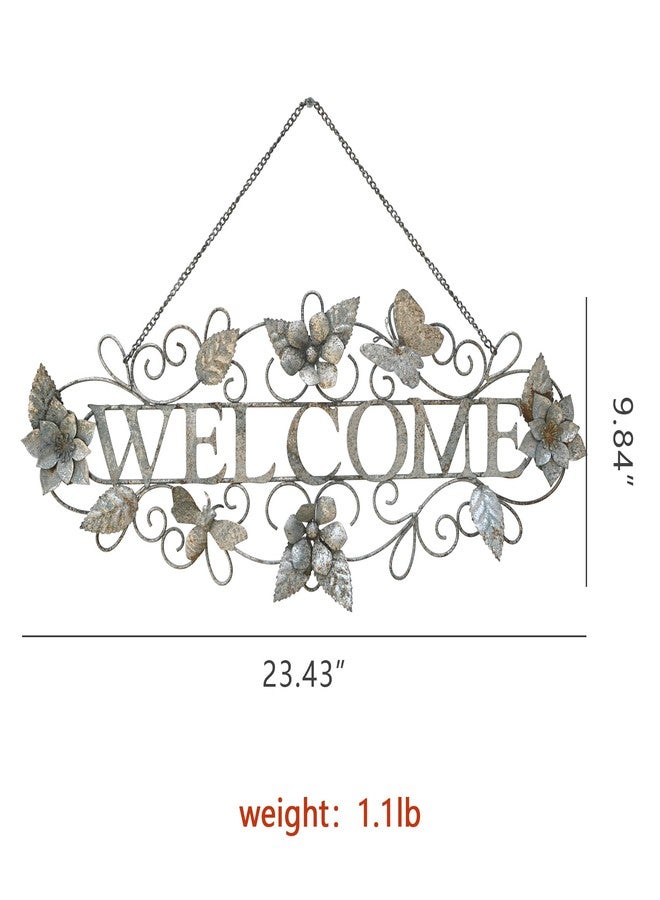 Queltharion 23.6'' L Vintage Metal Welcome Sign Hanging Decor Rustic Distressed Butterfly Bee Flora Welcome Wall Art Decoration for Outdoor Front Door Garden Farmhouse Porch Patio Yard Plaque Pink - Image 2