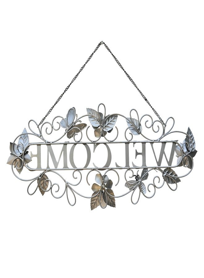 Queltharion 23.6'' L Vintage Metal Welcome Sign Hanging Decor Rustic Distressed Butterfly Bee Flora Welcome Wall Art Decoration for Outdoor Front Door Garden Farmhouse Porch Patio Yard Plaque Pink - Image 3