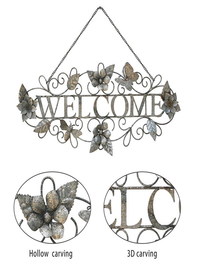 Queltharion 23.6'' L Vintage Metal Welcome Sign Hanging Decor Rustic Distressed Butterfly Bee Flora Welcome Wall Art Decoration for Outdoor Front Door Garden Farmhouse Porch Patio Yard Plaque Pink - Image 4