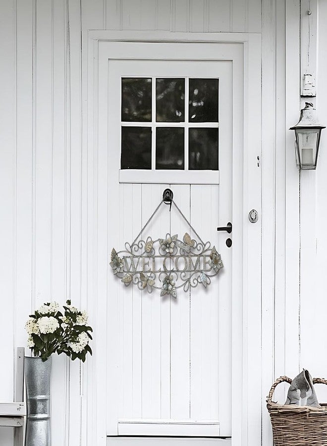 Queltharion 23.6'' L Vintage Metal Welcome Sign Hanging Decor Rustic Distressed Butterfly Bee Flora Welcome Wall Art Decoration for Outdoor Front Door Garden Farmhouse Porch Patio Yard Plaque Pink - Image 1
