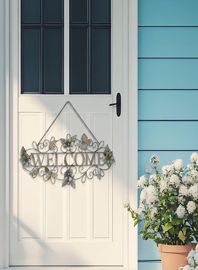 Queltharion 23.6'' L Vintage Metal Welcome Sign Hanging Decor Rustic Distressed Butterfly Bee Flora Welcome Wall Art Decoration for Outdoor Front Door Garden Farmhouse Porch Patio Yard Plaque Pink - Image 5