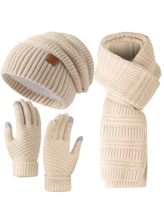 Pleneal Winter Womens Beanie Hat Scarf Gloves Set, Slouchy Beanie Knit Scarf Touchscreen Gloves Warm 3 Gift Set, Beige, One size - Image 1