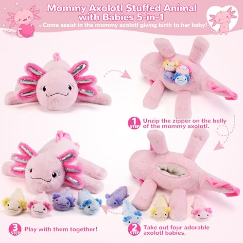 gnomantic 5 Pieces Axolotl Stuffed Animals with Babies Inside Belly 1 Mommy Stuffed Axolotl with 4 Babies Pink Axolotls Plush Toy for Kid Age 38 Gift Ideal for Christmas Valentines Birthday - Image 5