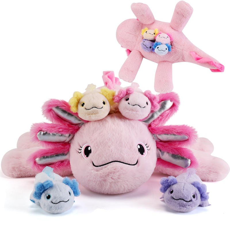 gnomantic 5 Pieces Axolotl Stuffed Animals with Babies Inside Belly 1 Mommy Stuffed Axolotl with 4 Babies Pink Axolotls Plush Toy for Kid Age 38 Gift Ideal for Christmas Valentines Birthday - Image 3