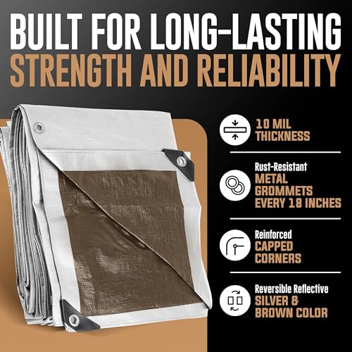KING-A-MA-JIGS 10x10 Heavy Duty Tarp, Waterproof, 10 Mil Thick, High Durability, Tear & Fade Resistant, UV Treated, Grommets Every 18 Inches (10' x '10') - Image 2