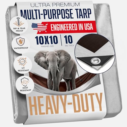 KING-A-MA-JIGS 10x10 Heavy Duty Tarp, Waterproof, 10 Mil Thick, High Durability, Tear & Fade Resistant, UV Treated, Grommets Every 18 Inches (10' x '10') - Image 1
