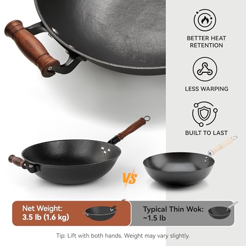 WANGYUANJI Cast Iron Wok Pan with Lid (12.6 Inch) - Handcrafted Flat Bottom Chinese Stir Fry Skillet for Induction, Electric & Gas - Walnut Wood Handle, No Coating - Image 4