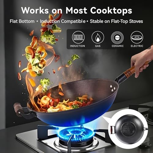 WANGYUANJI Cast Iron Wok Pan with Lid (12.6 Inch) - Handcrafted Flat Bottom Chinese Stir Fry Skillet for Induction, Electric & Gas - Walnut Wood Handle, No Coating - Image 3
