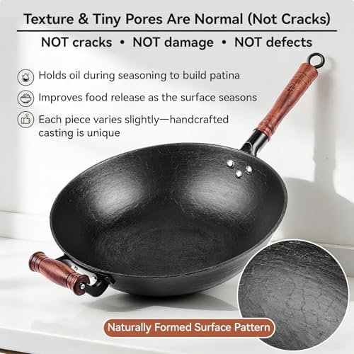 WANGYUANJI Cast Iron Wok Pan with Lid (12.6 Inch) - Handcrafted Flat Bottom Chinese Stir Fry Skillet for Induction, Electric & Gas - Walnut Wood Handle, No Coating - Image 2