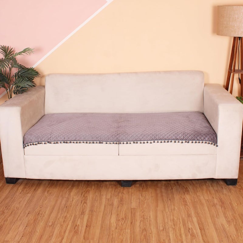 STITCHNEST 3 Seater Quilted Velvet Sofa Cover Protector with Pompom Grey