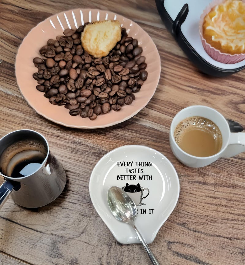 MQPPKJ Coffee Spoon Rest, Coffee Bar Accessories & Spoon Holder, Funny Cat Spoon Holder for Coffee Lovers Gifts for Friend Wife Husband Sister (White-4) - Image 4