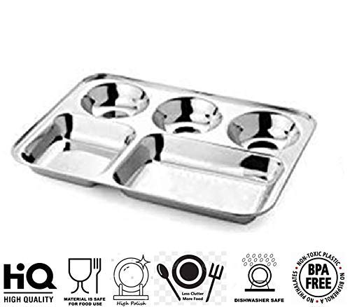 Truvic Stainless Steel Lunch Dinner Plate Bhojan Thali 5 in 1 Rectangle Compartments Kitchen Dining Set Pack of 6 - Image 2
