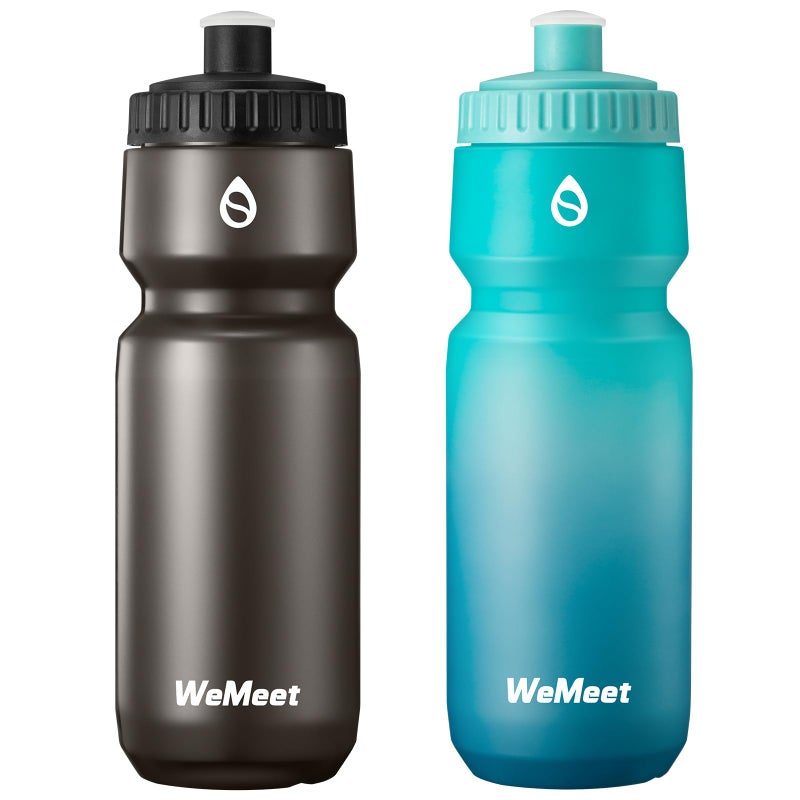 WEMEET 24oz Cycling Sports Bottle  Fits Most Bike Cages  LeakProof  BPA Free  Mountain Bike Squeeze Bottle with Capacity Scale  for Gym  Travel Hiking (Black & Green Blue  2 Pack) - Image 1