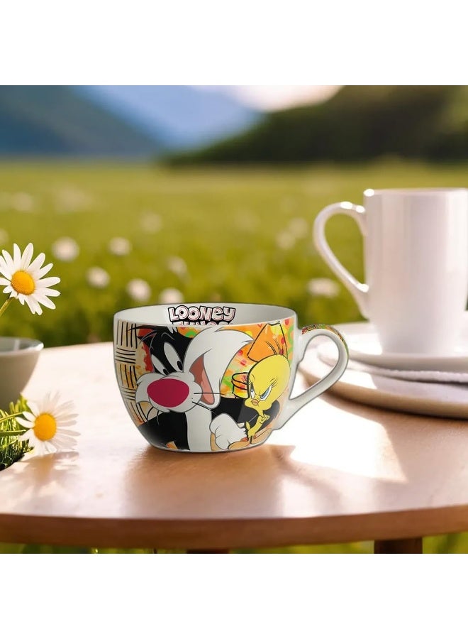 EGAN كوب الإفطار من لوني تونز 480 مل – كوب كرتوني جديد من البورسلين العظمي – آمن في غسالة الصحون والميكروويف – كوب رسمي قابل للجمع من لوني تونز (سيلفستر وتويتي) - Image 2