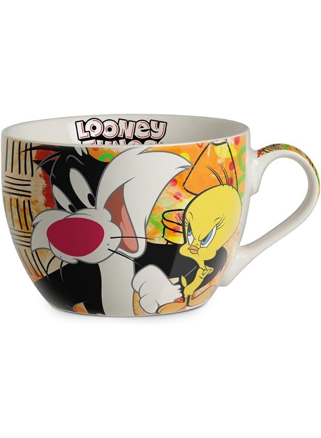 EGAN كوب الإفطار من لوني تونز 480 مل – كوب كرتوني جديد من البورسلين العظمي – آمن في غسالة الصحون والميكروويف – كوب رسمي قابل للجمع من لوني تونز (سيلفستر وتويتي) - Image 1