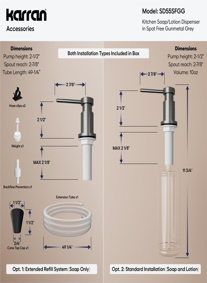 Karran SD55 Kitchen Soap Dispenser - Premium Lead-Free Brass, Dual Refill Options, 47" Undermount Tube for Large Bottles, Self-Priming Pump, Commercial-Grade Durability (Spot Free Gunmetal Grey) - Image 5