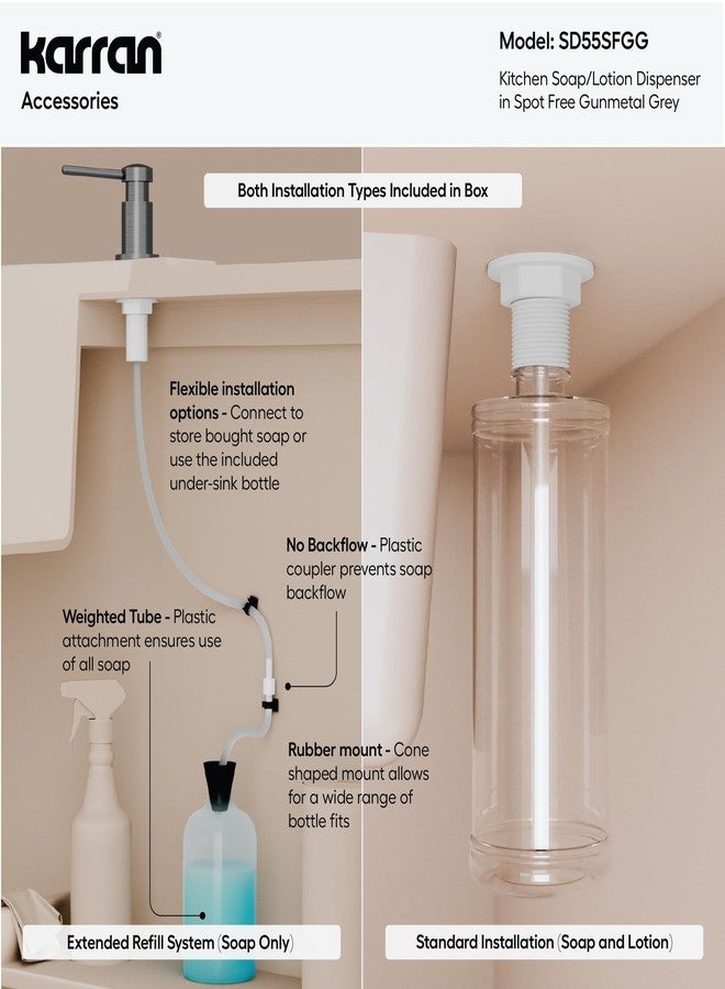Karran SD55 Kitchen Soap Dispenser - Premium Lead-Free Brass, Dual Refill Options, 47" Undermount Tube for Large Bottles, Self-Priming Pump, Commercial-Grade Durability (Spot Free Gunmetal Grey) - Image 3
