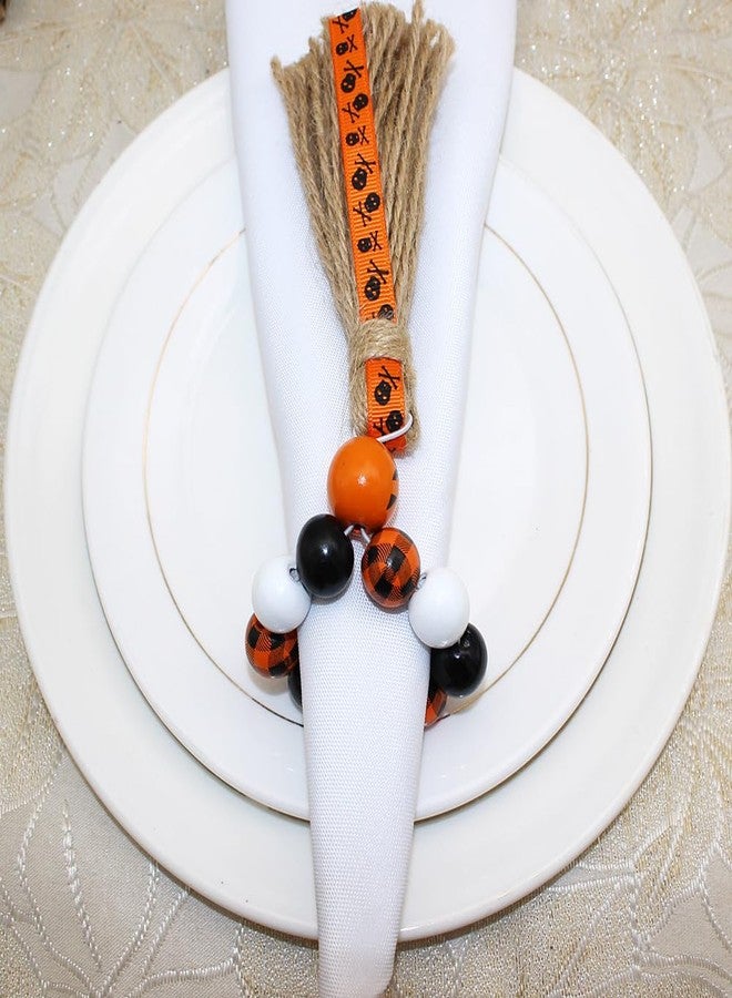 werdecade Halloween Buffalo Wood Bead Napkin Rings Set of 6, Fall Farmhouse Boho Beaded Napkin Holder, with Tassel for Halloween Dinning Table Setting,Havest,Thanksgiving(Halloween Style) - Image 3