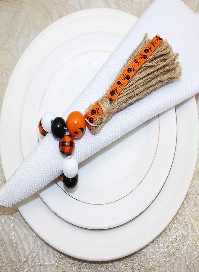 werdecade Halloween Buffalo Wood Bead Napkin Rings Set of 6, Fall Farmhouse Boho Beaded Napkin Holder, with Tassel for Halloween Dinning Table Setting,Havest,Thanksgiving(Halloween Style) - Image 2