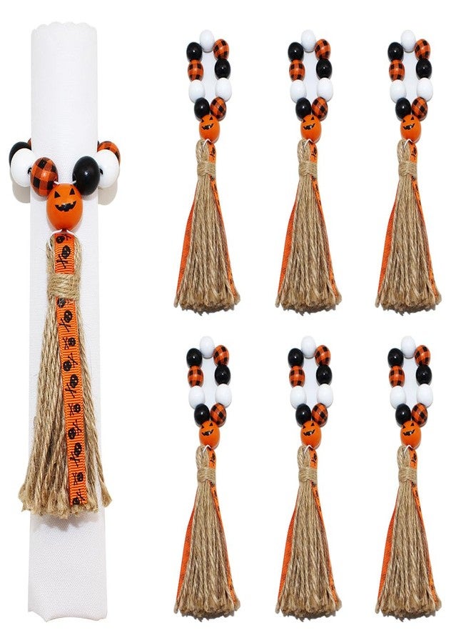 werdecade Halloween Buffalo Wood Bead Napkin Rings Set of 6, Fall Farmhouse Boho Beaded Napkin Holder, with Tassel for Halloween Dinning Table Setting,Havest,Thanksgiving(Halloween Style) - Image 1