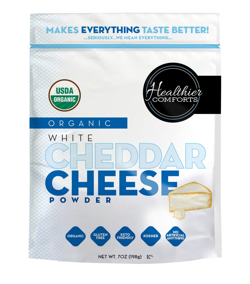 Healthier Comforts Organic White Cheddar Cheese Powder | Gluten Free, Kosher, Keto-Friendly, Non-GMO, Antibiotic & Hormone Free | Perfect for Popcorn Seasoning, Mac and Cheese, Pasta & Sauces (7 oz) - Image 1