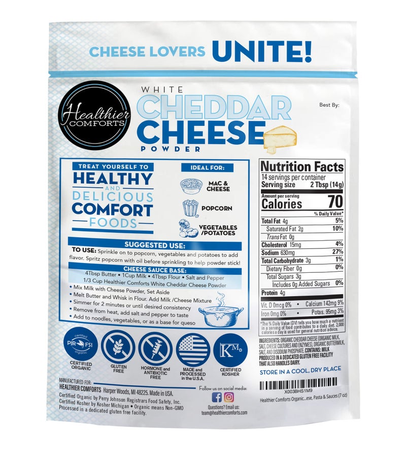 Healthier Comforts Organic White Cheddar Cheese Powder | Gluten Free, Kosher, Keto-Friendly, Non-GMO, Antibiotic & Hormone Free | Perfect for Popcorn Seasoning, Mac and Cheese, Pasta & Sauces (7 oz) - Image 2