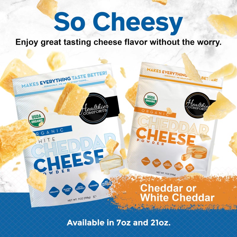 Healthier Comforts Organic White Cheddar Cheese Powder | Gluten Free, Kosher, Keto-Friendly, Non-GMO, Antibiotic & Hormone Free | Perfect for Popcorn Seasoning, Mac and Cheese, Pasta & Sauces (7 oz) - Image 5