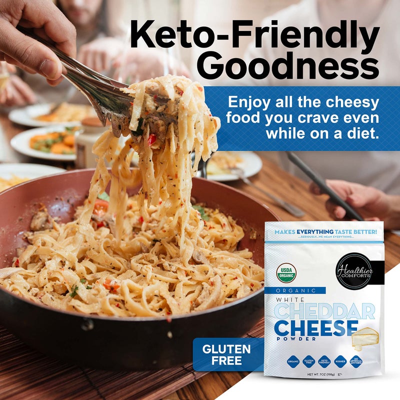 Healthier Comforts Organic White Cheddar Cheese Powder | Gluten Free, Kosher, Keto-Friendly, Non-GMO, Antibiotic & Hormone Free | Perfect for Popcorn Seasoning, Mac and Cheese, Pasta & Sauces (7 oz) - Image 4