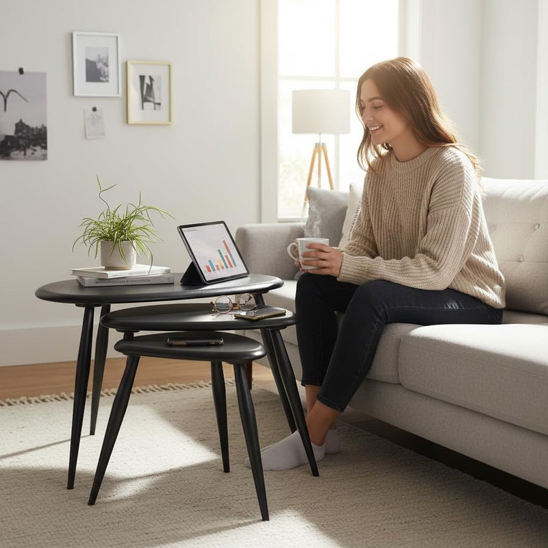 FendiHome Modern Black Wooden Nesting Tables – Set of 3 | Stylish Oval Coffee & Side Tables | Space-Saving Design for Living Room, Bedroom & Office - Image 4
