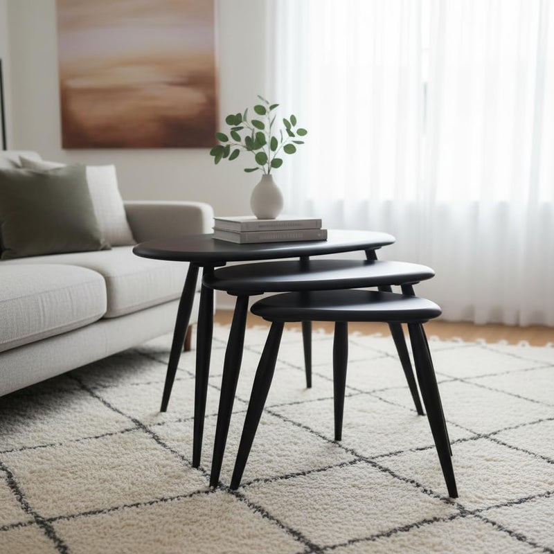 FendiHome Modern Black Wooden Nesting Tables – Set of 3 | Stylish Oval Coffee & Side Tables | Space-Saving Design for Living Room, Bedroom & Office - Image 2
