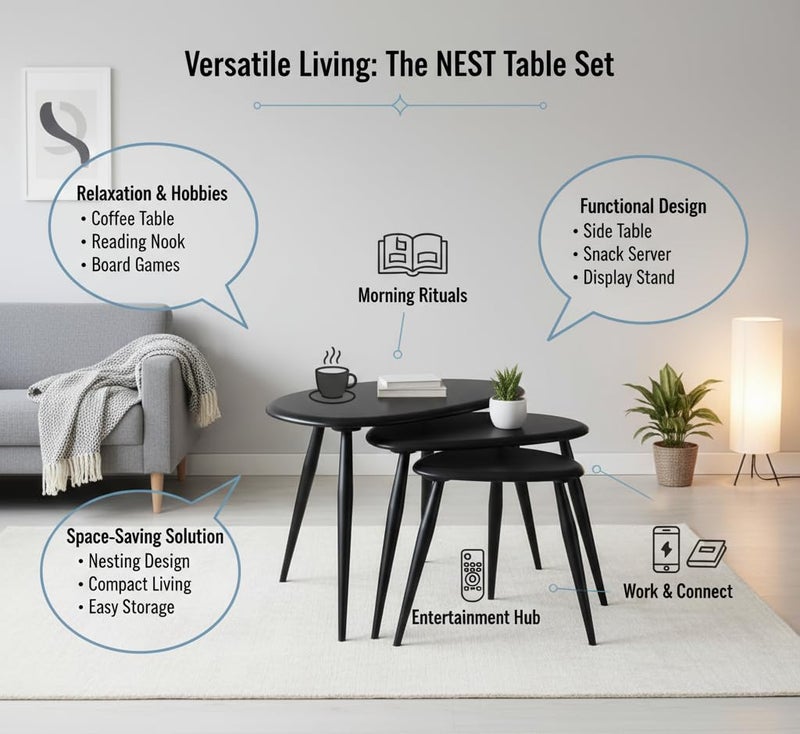FendiHome Modern Black Wooden Nesting Tables – Set of 3 | Stylish Oval Coffee & Side Tables | Space-Saving Design for Living Room, Bedroom & Office - Image 3