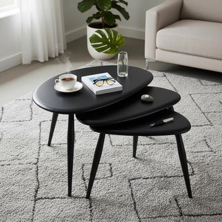 FendiHome Modern Black Wooden Nesting Tables – Set of 3 | Stylish Oval Coffee & Side Tables | Space-Saving Design for Living Room, Bedroom & Office