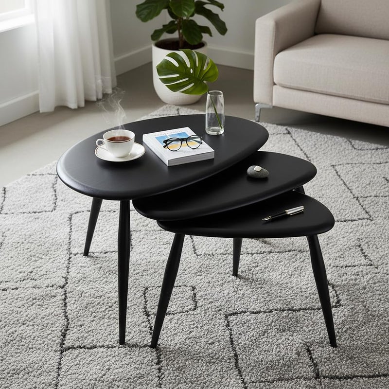 FendiHome Modern Black Wooden Nesting Tables – Set of 3 | Stylish Oval Coffee & Side Tables | Space-Saving Design for Living Room, Bedroom & Office - Image 1