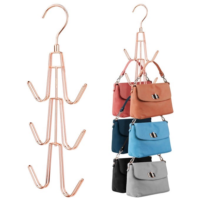 PURSE HANGER ORGANIZER FOR CLOSET 2 PACK HANGING BAG HOLDER KEEPING PURSES VISIBLE AND IN GOOD CONDITION METAL HANDBAG STORAGE HOOK BACKPACK RACK SPACE SAVING HANGER ROSE GOLD