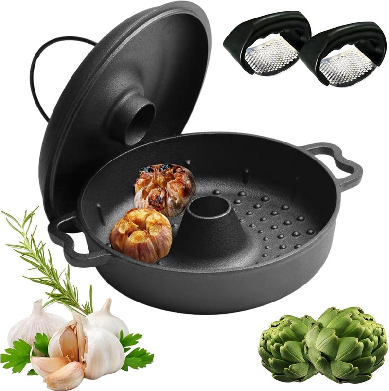 bangminda Large Garlic Roaster, Cast Iron Garlic Roaster for Oven Grill, Cast Iron Skillets Pan for BBQ, Picnic Garlic Baker with 2 Garlic Presses - Image 1
