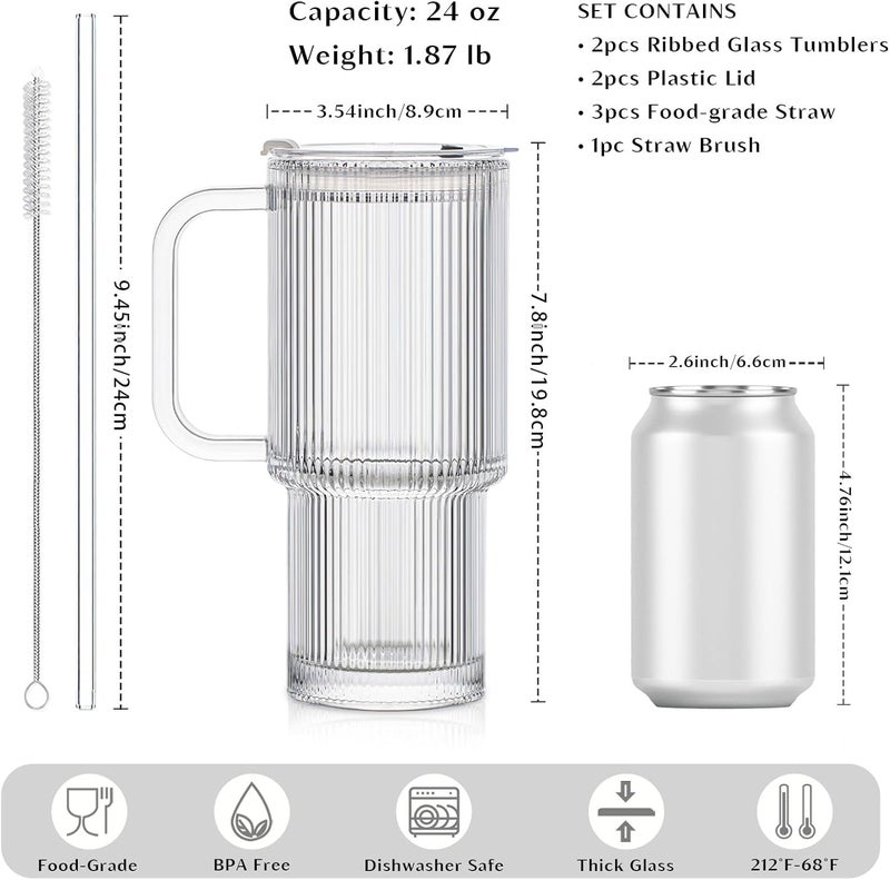 INSETLAN 26oz Ribbed Glass Tumbler with Handle & Lid – 2-Pack Large Iced Coffee Cups with Straws, Modern Glass Mug for Cold & Hot Beverages, Aesthetic Travel Cup for Smoothies, Tea, and Juice - Image 3