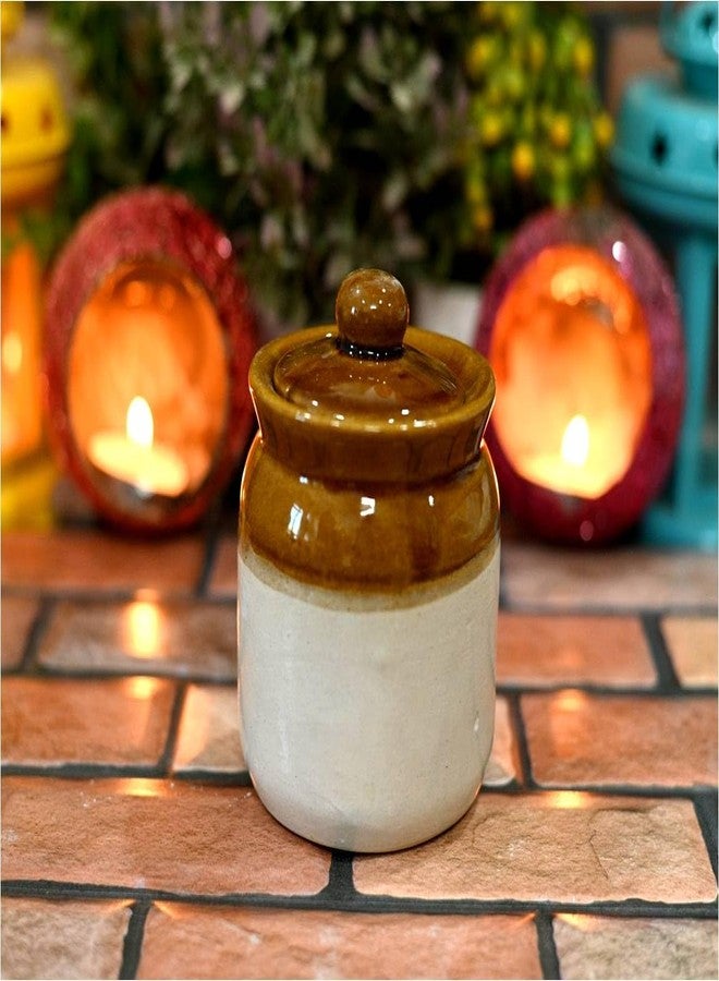 SHRIYAM CRAFT Ceramic Pickle Jar Container 200ML (Jar 200ML Pack of 3),Brown & White - Image 2