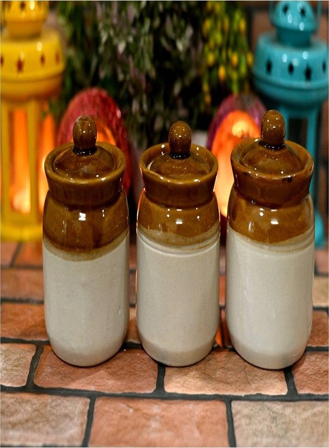 SHRIYAM CRAFT Ceramic Pickle Jar Container 200ML (Jar 200ML Pack of 3),Brown & White - Image 1