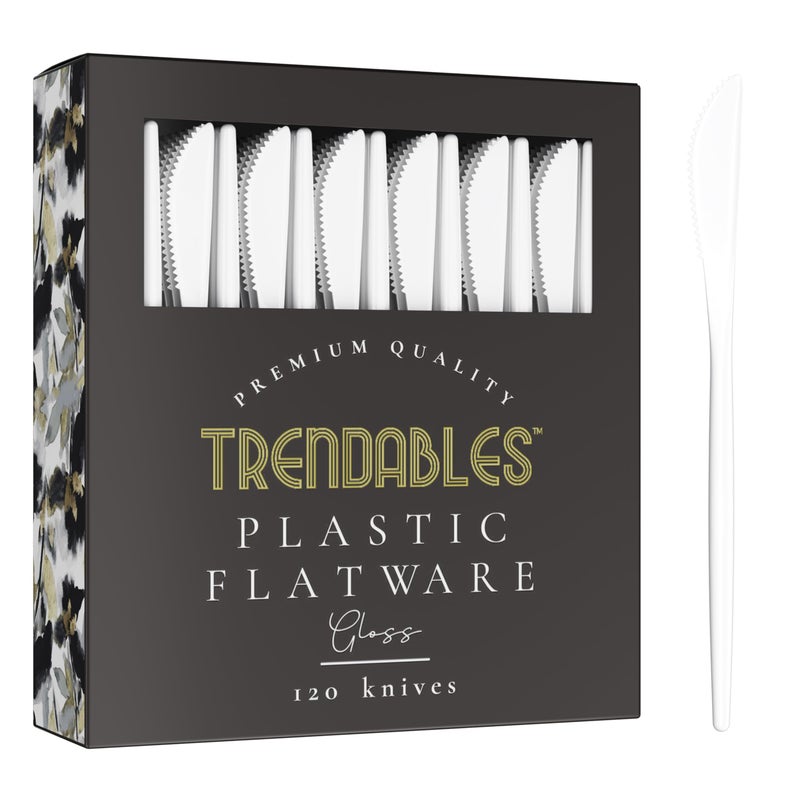 Trendables Disposable Plastic Cutlery - 120 Pack White Plastic Knives  Silverware Set - Image 1