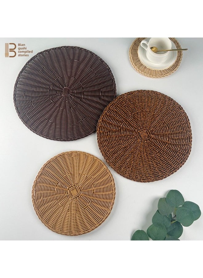 Generic - Simple Style Imitation Rattan Woven Place Mat Imitation Autumn Rattan Anti-scalding Heat Insulation Mat Home Decorative Shooting Props Pp Coaster Pot Mat-Color:Black Spot-Specifications:18cm - Image 1