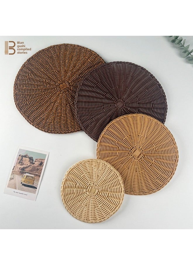 Generic - Simple Style Imitation Rattan Woven Place Mat Imitation Autumn Rattan Anti-scalding Heat Insulation Mat Home Decorative Shooting Props Pp Coaster Pot Mat-Color:Black Spot-Specifications:18cm - Image 1