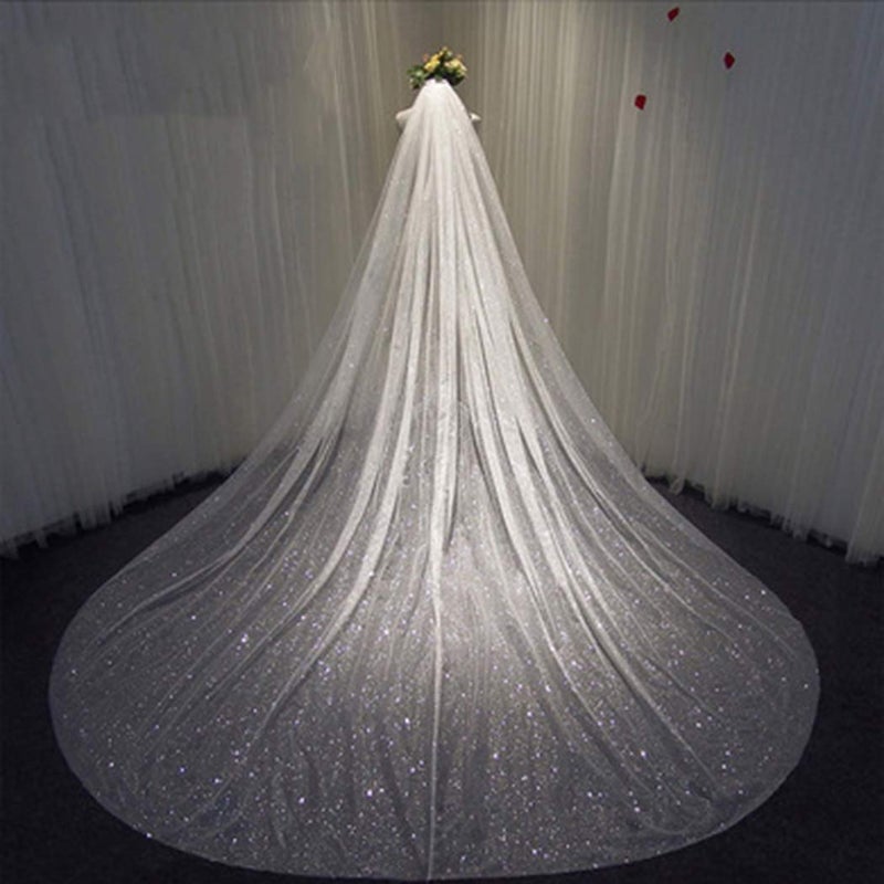 Unsutuo Cathedral 1 Tier Bride Wedding Veil Sparkling Long Bridal Tulle Veil with Comb Drop Veil Cut Edge for Bride 118W White